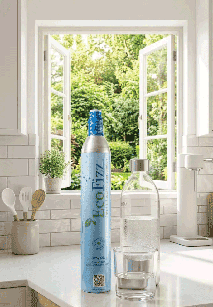 EcoFizz CO₂ cylinder on a bright marble counter by an open window, with glass bottle and water glass